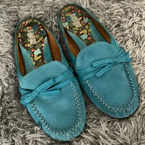 BONGO Shoes Teal Loafer Flats Blue Suede Moccasin Slides Bow